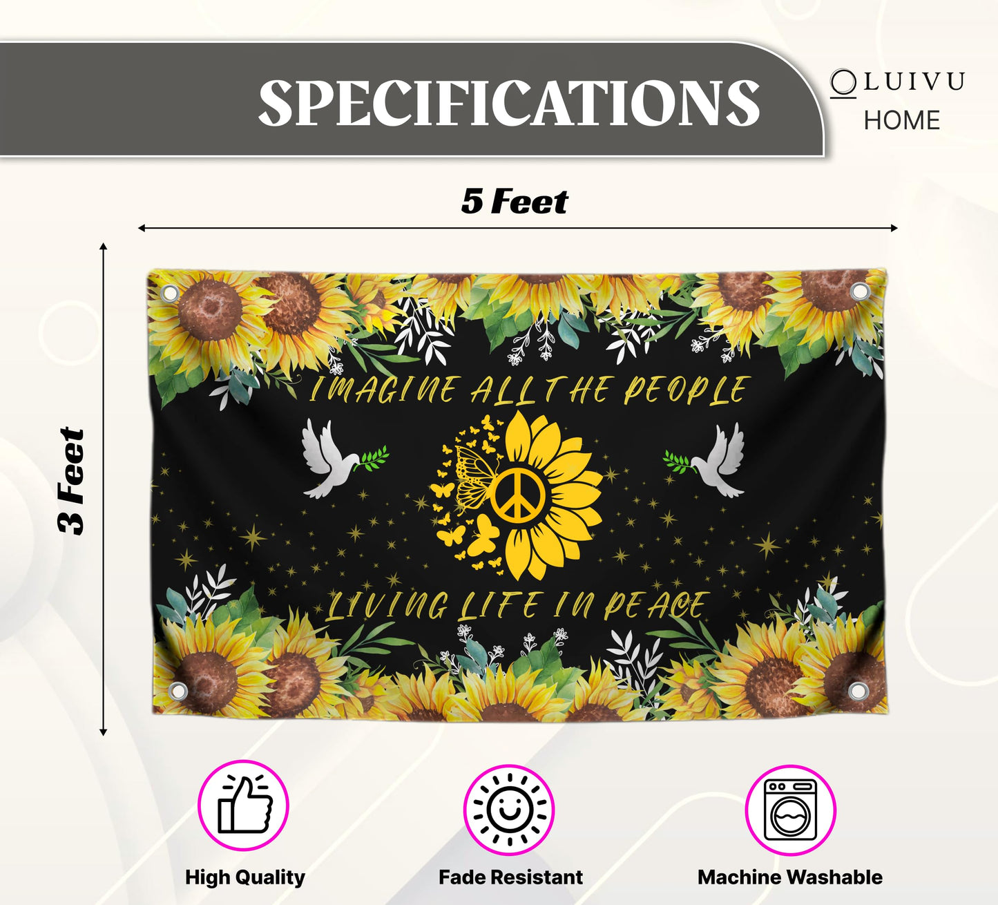 3x5 Feet Peace Polyester Flag with 4 Grommets - Imagine All The People Living Life In Peace Banners - Hippie Sunflower Single Sided Flags Garden House