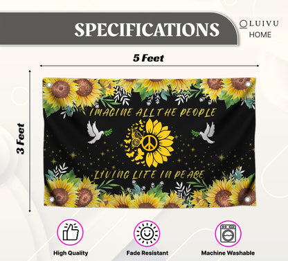 3x5 Feet Peace Polyester Flag with 4 Grommets - Imagine All The People Living Life In Peace Banners - Hippie Sunflower Single Sided Flags Garden House
