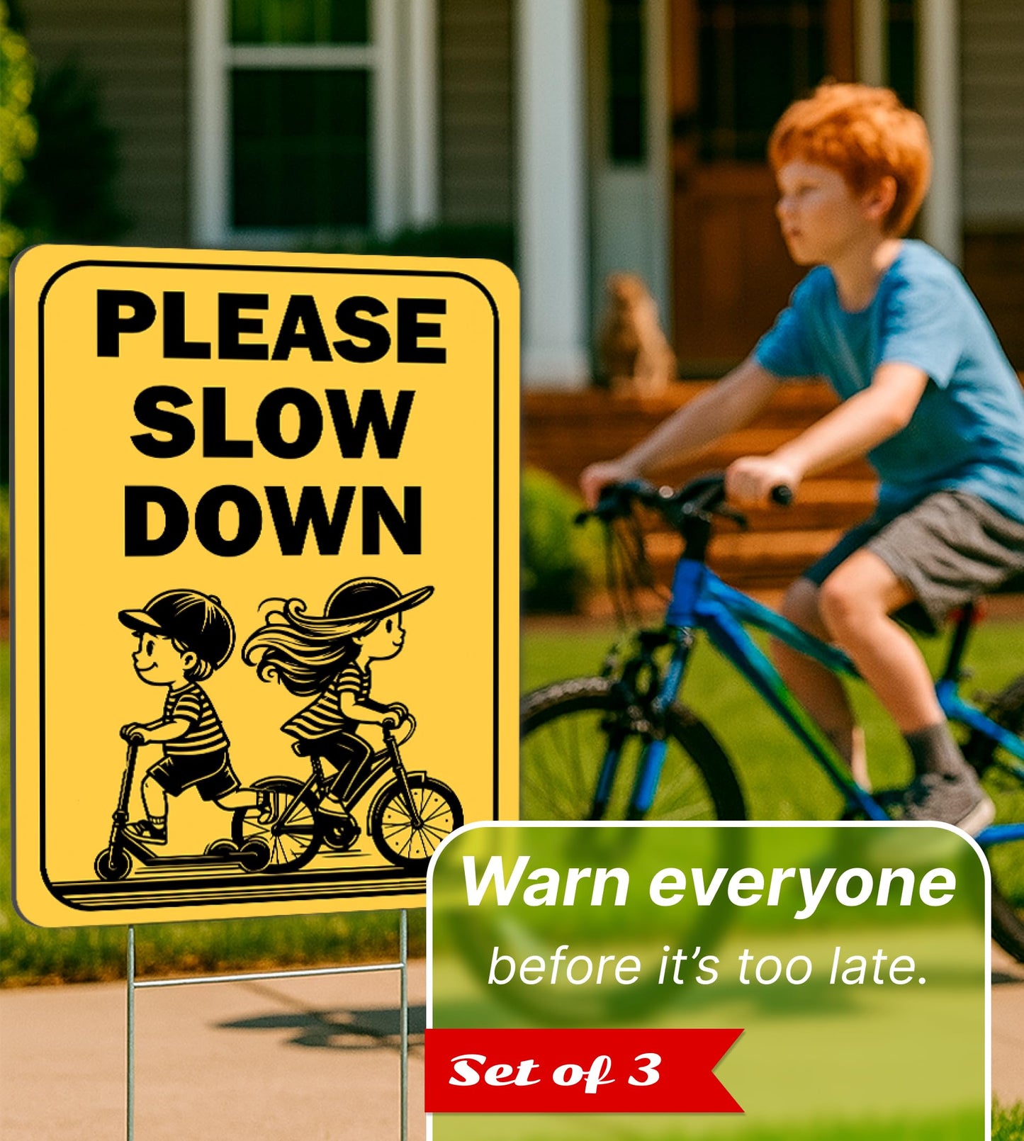 Set of 3 Double Sided 12x16 Inches "Please Slow Down" Sign with Metal H-Stakes - Сhildren at Play Safety Signage for Street