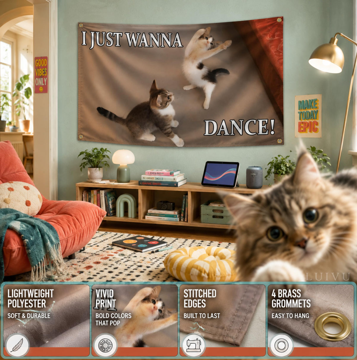3x5 ft "I Just Wanna Dance" Cat Meme Flag – Funny Animal Wall Banner
