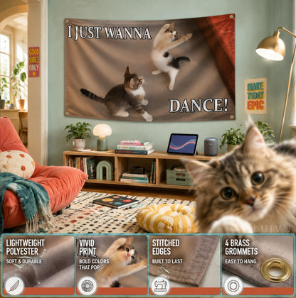 3x5 ft "I Just Wanna Dance" Cat Meme Flag – Funny Animal Wall Banner