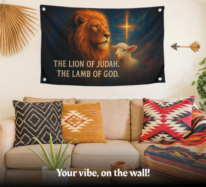 3x5 Feet Flag with Animals and Bible Quote "The Lion. The Lamb Of God" with Four Brass Grommets - Polyester Durable Banners for Wall Decoration