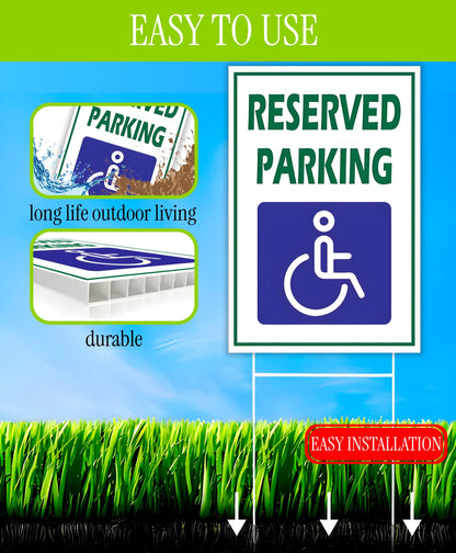 Pack of 3 Reserved Parking Double Sided Sign 12x8 inch with Metal H-Shaped Stakes - Accessible Parking Signs with Picture of Accessible Signs