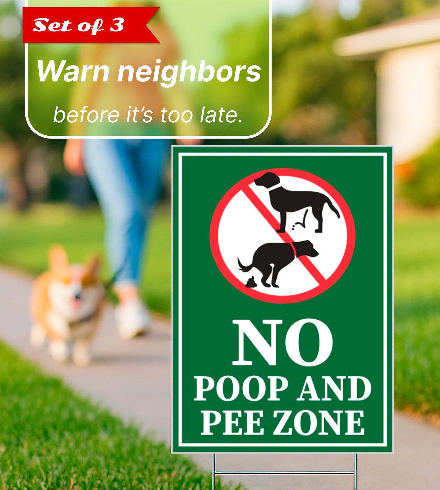 Set of 3 Double Sided 12x8 Inches Plastic Sign "No Poop and Pee Zone" with Metal H-Stakes
