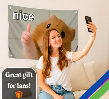 3x5 Feet Funny Flag Picture of Hamster with Inscription "Nice" Four Brass Grommets - Single Sided Cool Banner for Room - Funny Polyester Tapestry