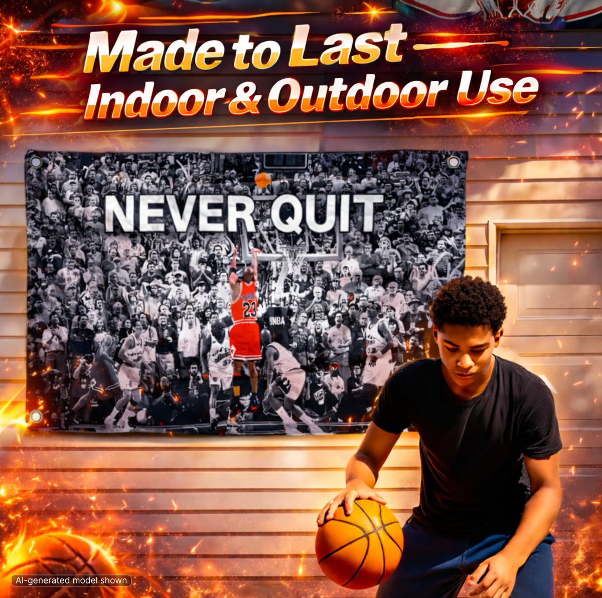 3x5 ft Never Quit Motivational Flag – Home Gym Wall Banner