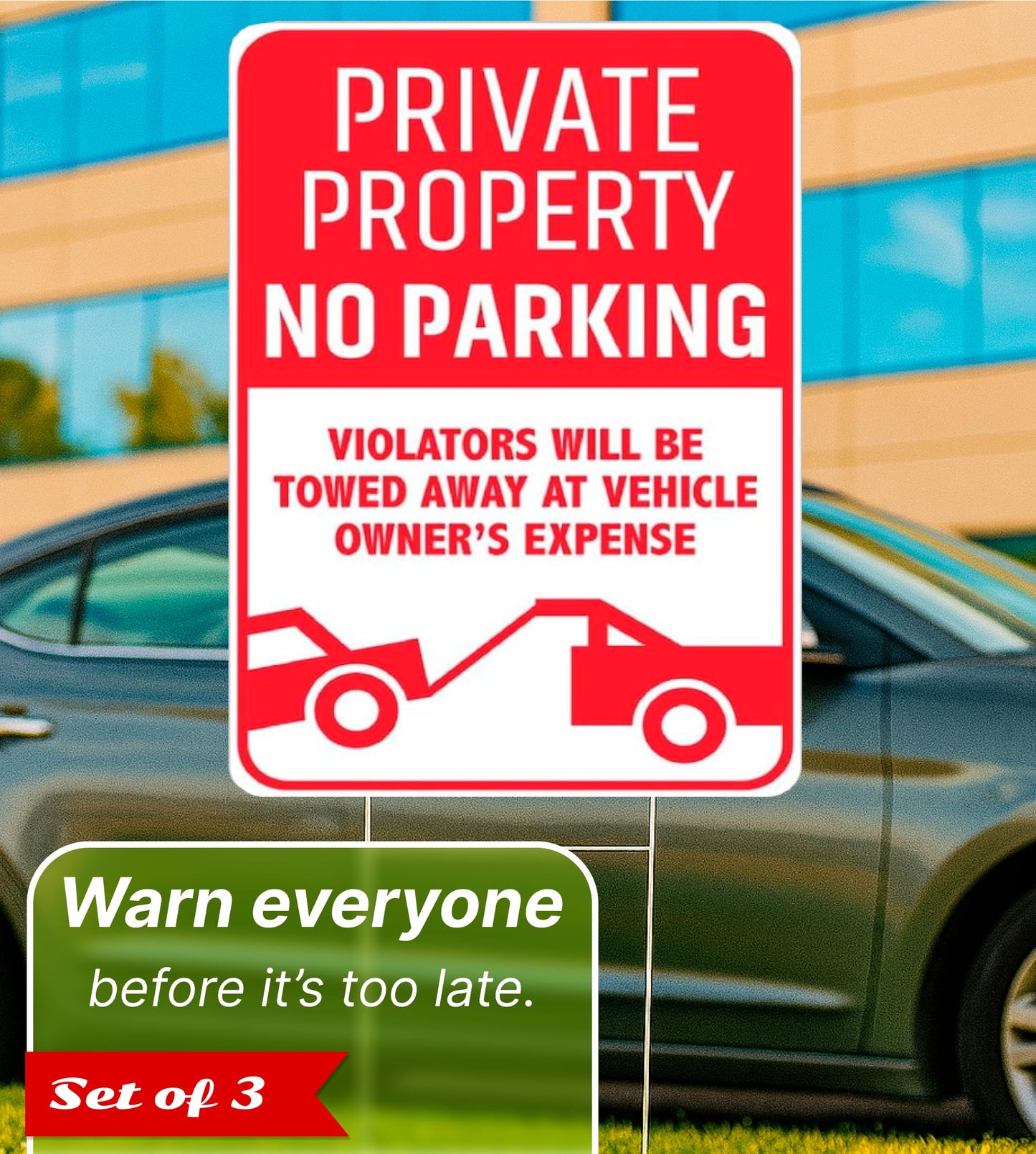 3X Private Property No Parking Plastic Sign with H-Stakes - 12x8 Inch No Parking Signs for Business - Stay Off Grass Double Sided Signs for Yard