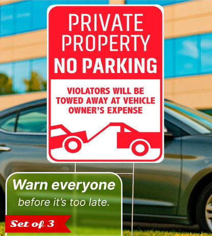 3X Private Property No Parking Plastic Sign with H-Stakes - 12x8 Inch No Parking Signs for Business - Stay Off Grass Double Sided Signs for Yard