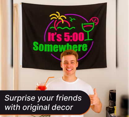3x5 Ft It's 5 O'Clock Somewhere Polyester Flag with 2 Grommets - Pub Advertising Single Sided Banner - Tropical Summer Beach Drinking