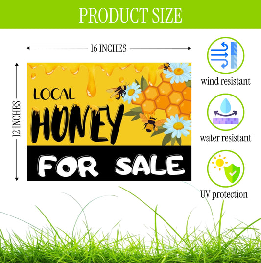 Set of 3 Double Sided 12x16 Inches Local Honey For Sale Yard Sign with Metal H-Stakes - Local Honey Sale Signs for Farm Garden Lawn Outdoor