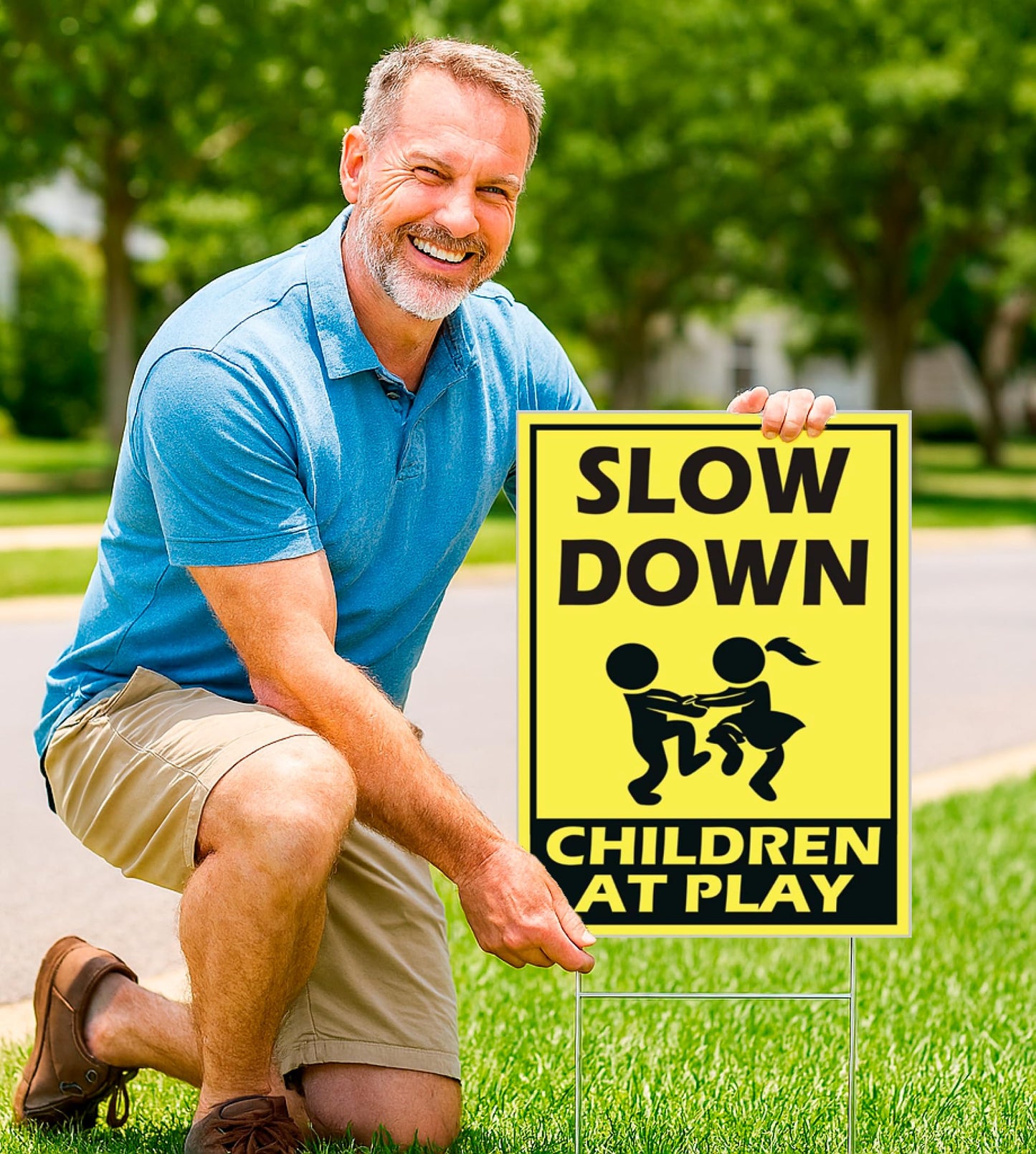 Set of 3 Street Safety Signs with Stakes 12x8 Inch - Attention Kids Playing Road Plastic Sign Double Sided