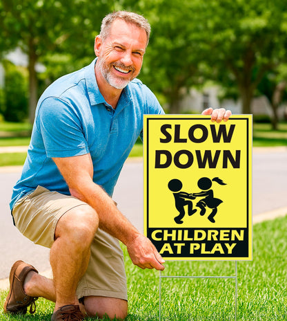 Set of 3 Street Safety Signs with Stakes 12x8 Inch - Attention Kids Playing Road Plastic Sign Double Sided