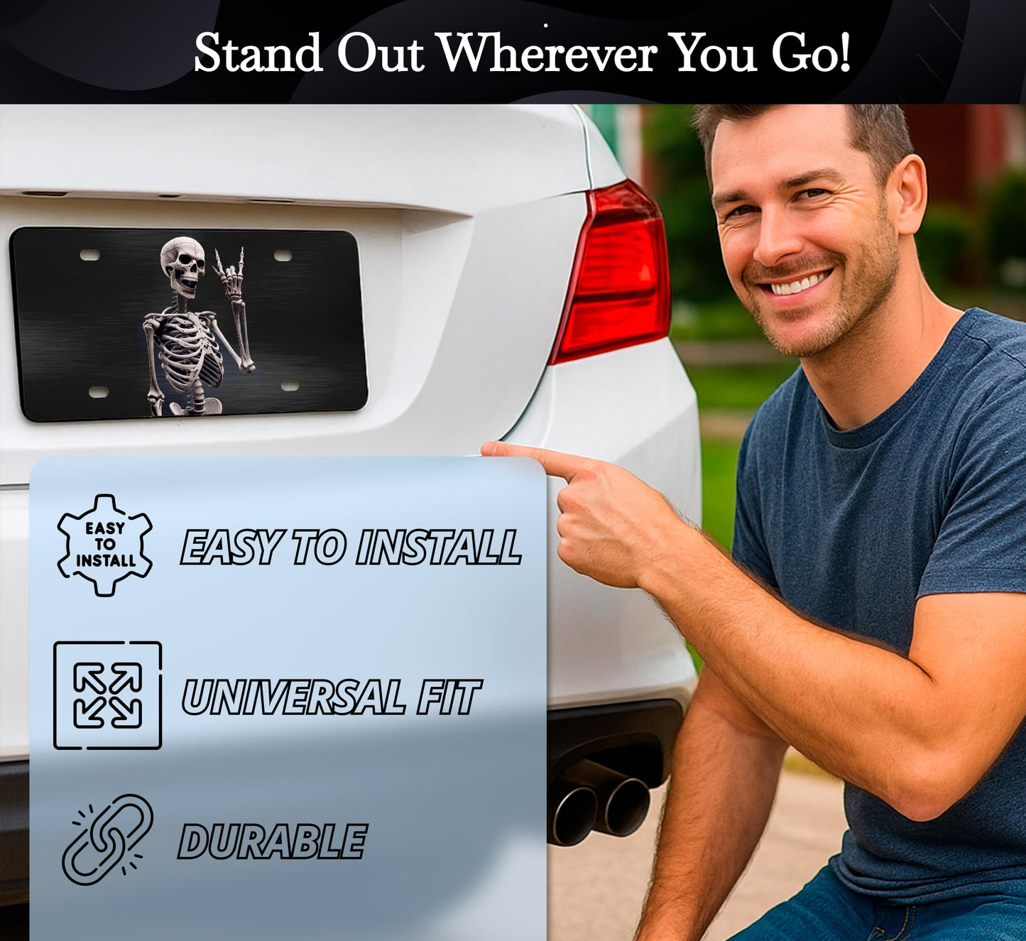 Personalized Human Skeleton Black License Plate Frame. Funny Halloween Skull Front License Plate Frames Designs with 4 Standard Slotted Mounting Holes