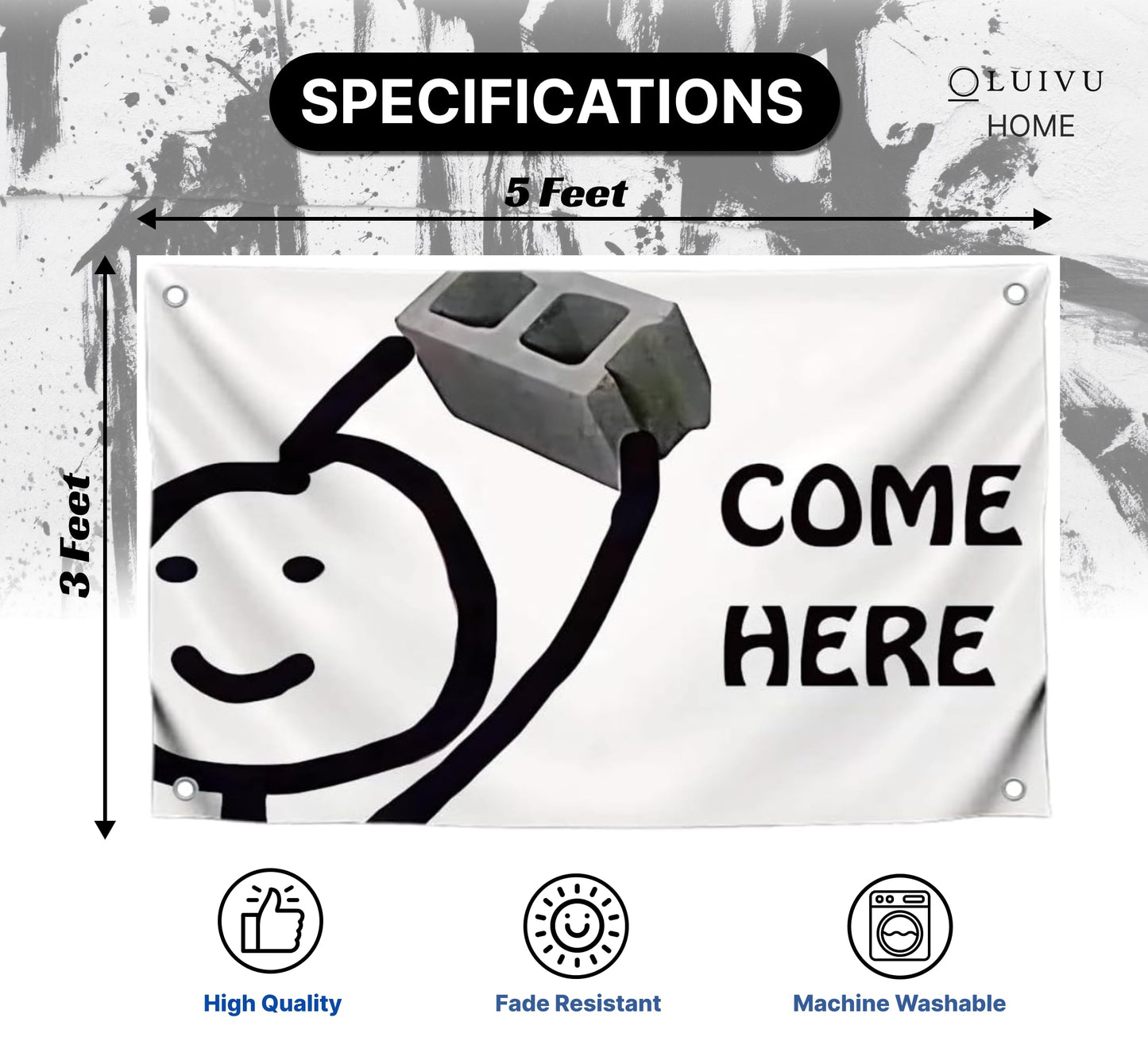 3x5 Ft Single Sided Flag with 4 Brass Grommets - Meme Polyester Flag with an Element of Black Humor "Come Here" - Cool Banner With Ironic Illustration