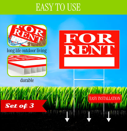 3X 12x8 inch For Rent Sign With H-Stakes Single Sided - Home for Rent Lawn Sign for Real Estate Agent, Homeowner.For Rent Rental House Shops Business