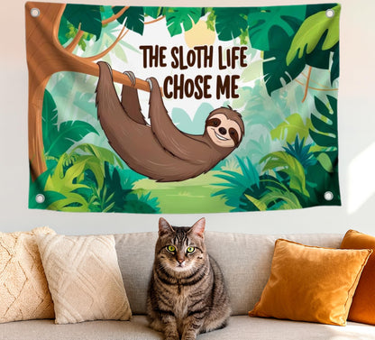 3x5 Feet Funny Animals Flag "The Sloth Life Chose Me" with 4 Brass Grommets - Banner Depicting a Sloth Hanging From a Tree in The Jungle