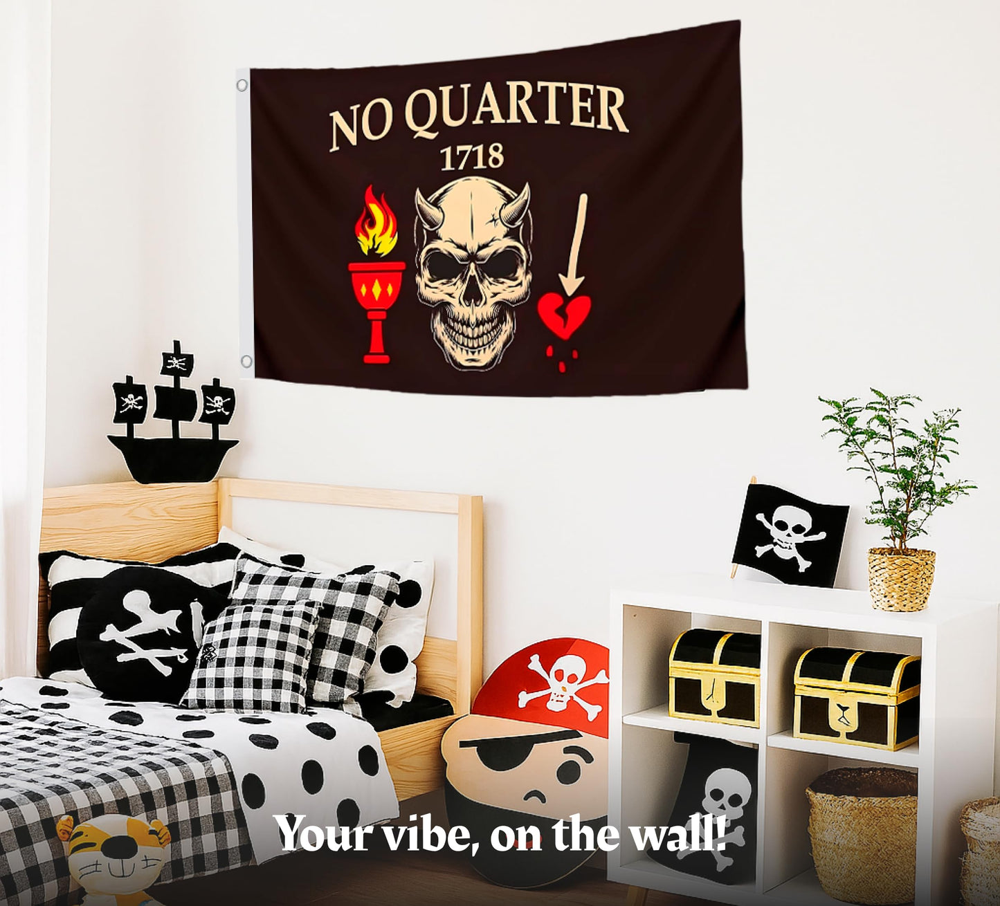 3x5 Ft Pirate No Quarter No Mercy Polyester Flag - Resistant for Outdoor House Room - Single Sided Pirate Skull Stick Flag with 2 Grommets