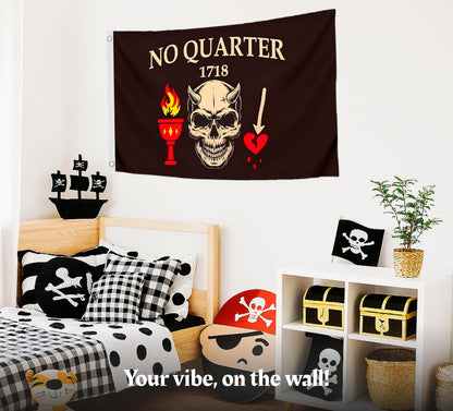 3x5 Ft Pirate No Quarter No Mercy Polyester Flag - Resistant for Outdoor House Room - Single Sided Pirate Skull Stick Flag with 2 Grommets