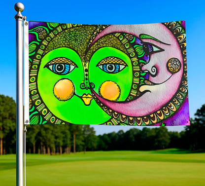 3х5 Feet Sun and Moon Celestial Hippie Art Polyester Flags with 2 Brass Grommets - Single Sided Spring Summer Holiday Garden Decor for Outside