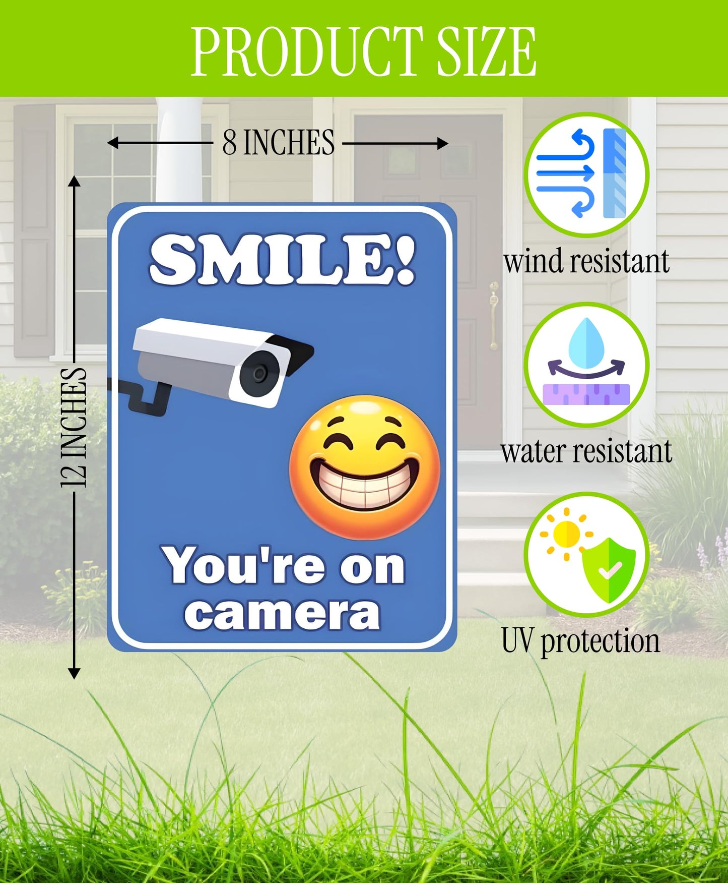 Set of 3 Double Sided 12x8 Inches Plastic Sign With H-Stakes "SMILE! You'reon Camera" - Tresspassing Video Surveillance Private Property Signs