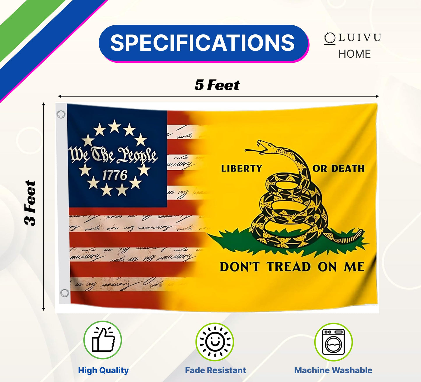 3x5 Ft Dont Tread on Me Flag - We The People 1776 American Single Sided Flags with 2 Grommets for Outside/Inside - House Yard Holiday Decor Banner