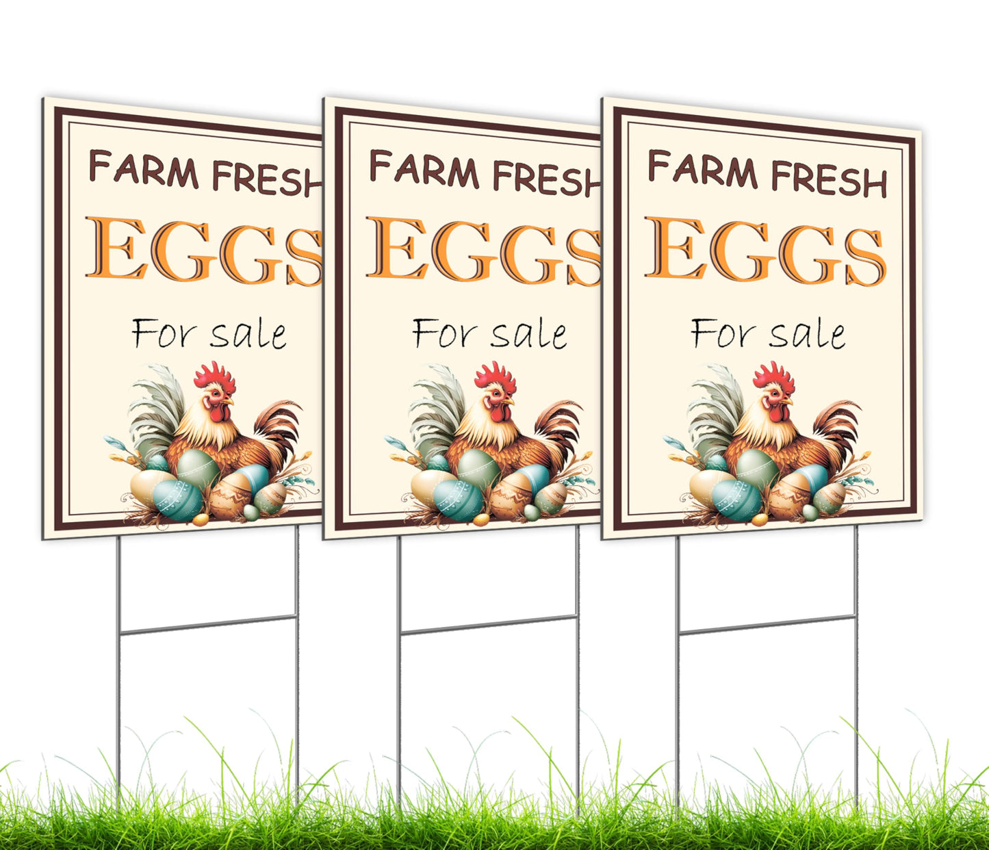 Set of 3 Double Sided 12x16 Inches Farm Fresh Eggs For Sale Sign with Metal H-Stakes - Plastic Farm Fresh Eggs Sold Here Yard Sign