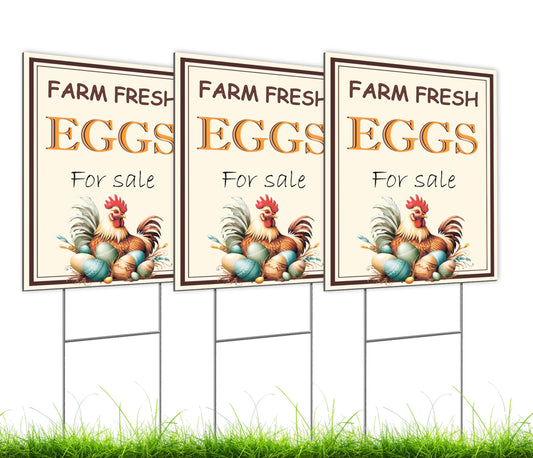 Set of 3 Double Sided 12x16 Inches Farm Fresh Eggs For Sale Sign with Metal H-Stakes - Plastic Farm Fresh Eggs Sold Here Yard Sign