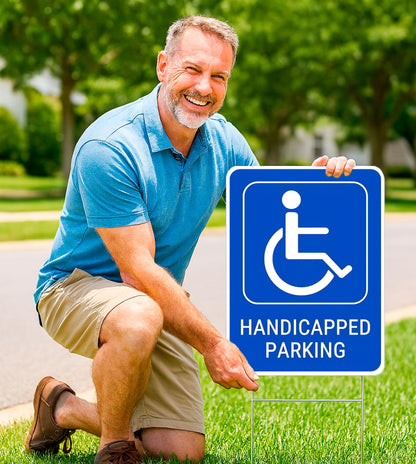 Set of 3 Double Sided 12x8 Inches Handicapped Parking with Metal Wire H-Stakes - Plastic Reserved Parking Signs for Handicapped Only