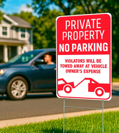 3X Private Property No Parking Plastic Sign with H-Stakes - 12x8 Inch No Parking Signs for Business - Stay Off Grass Double Sided Signs for Yard