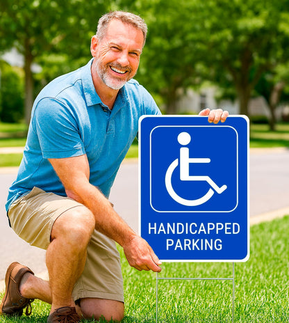 Set of 3 Handicapped Parking Sign with Metal Wire H-Stakes - Double Sided Plastic Reserved Parking Signs.12x16 Inches Yard for Handicapped Only Signs