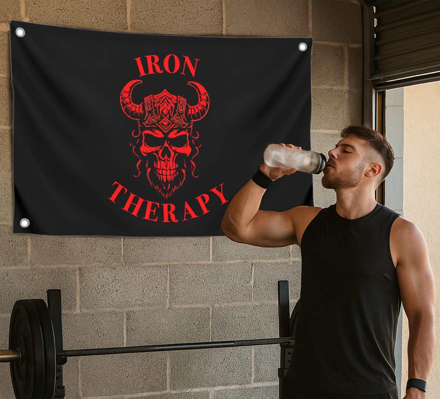 3x5 Feet Large Wall Flag With Quote "Iron Therapy" with Four Brass Grommets - Skull Gym Tapestry or Home Gym Decor - Inspirational Home Leadership