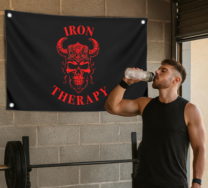 3x5 Feet Large Wall Flag With Quote "Iron Therapy" with Four Brass Grommets - Skull Gym Tapestry or Home Gym Decor - Inspirational Home Leadership