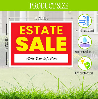 12x16 Inch 3X Double Sided Real Estate Sale Yard Sign - Estate Sale Arrows Plastic Signs with Metal H Stakes