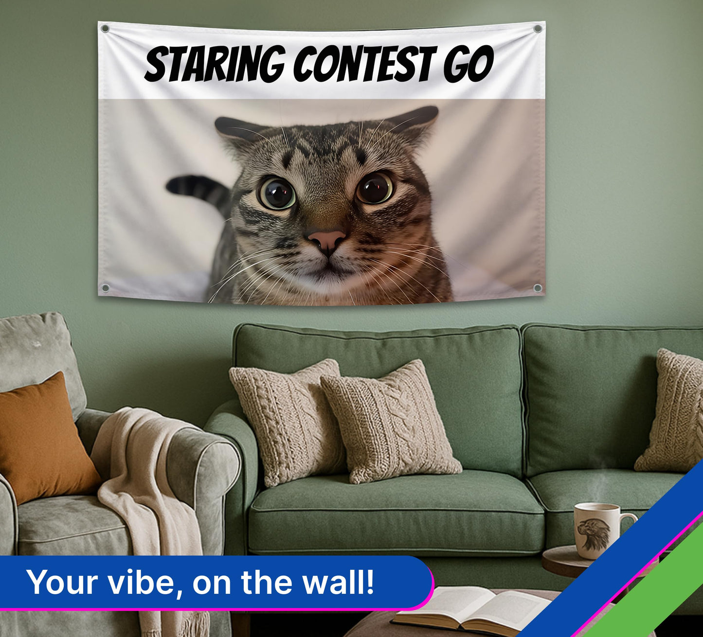 3x5 Feet Cats Meme Flag with Quote "Staring Contest Go" with Four Brass Grommets - Single Sided Funny Banner for Wall Bedroom Decoration