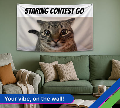 3x5 Feet Cats Meme Flag with Quote "Staring Contest Go" with Four Brass Grommets - Single Sided Funny Banner for Wall Bedroom Decoration