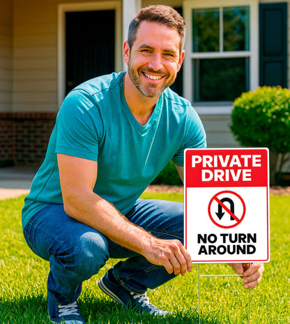 3X Private Drive No Turn Around Sign with Metal Stakes - 12x8 Inches Do Not Enter No Trespassing Double sided Signs