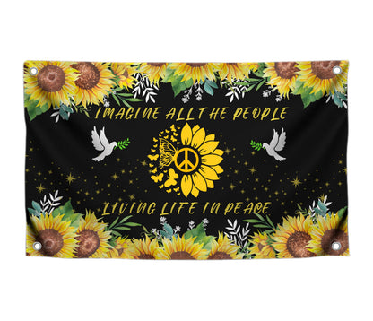 3x5 Feet Peace Polyester Flag with 4 Grommets - Imagine All The People Living Life In Peace Banners - Hippie Sunflower Single Sided Flags Garden House