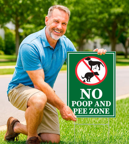 Set of 3 Double Sided 12x8 Inches Plastic Sign "No Poop and Pee Zone" with Metal H-Stakes