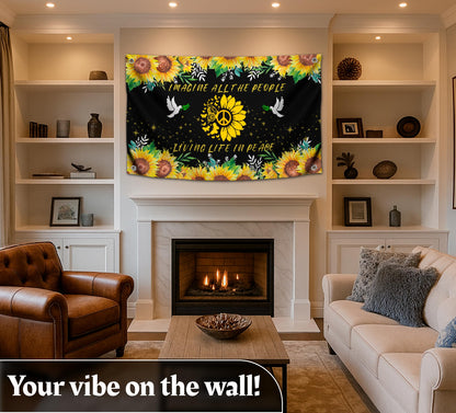 3x5 Feet Peace Polyester Flag with 4 Grommets - Imagine All The People Living Life In Peace Banners - Hippie Sunflower Single Sided Flags Garden House