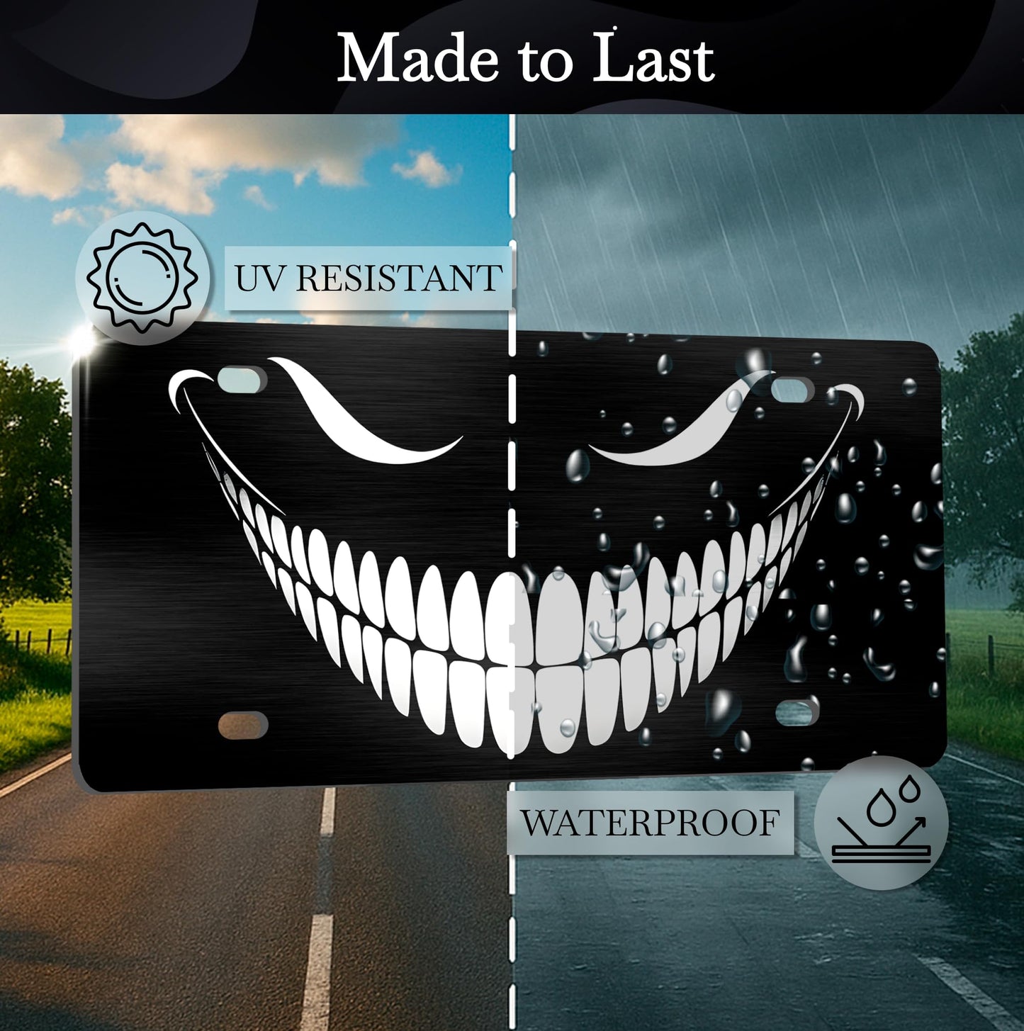 Personalized Front Black Cheshire Cat License Plate Frame - Car Frames Evil Cheshire Cat Smile with 4 Standard Slotted Mounting Holes