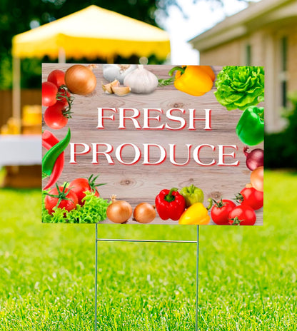 Set of 3 Double Sided 12x16 Inches Fresh Produce Sign with Metal H-Stakes - Vegetable Sign Outdoor or Indoor Yard Signs
