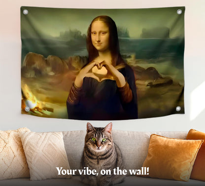3x5 Feet Funny Mona Lisa Polyester Flag with Four Brass Grommets - Meme Flags with Demonstration of the heart for Outdoor and Indoor