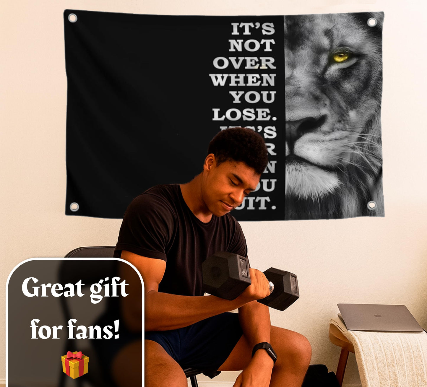 3x5 Feet Motivational Lion Wall Art with Four Brass Grommets - Cool Motivational Inspirational Poster for Men and Women