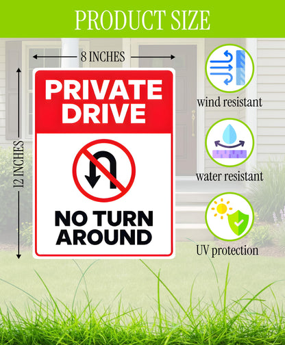 3X Private Drive No Turn Around Sign with Metal Stakes - 12x8 Inches Do Not Enter No Trespassing Double sided Signs
