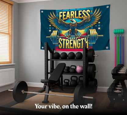 3x5 Ft Motivation Gym Single Sided Flag with Quote Fearless Strength with 4 Brass Grommets - Eagle Inspirational Polyester Banner for Wall Decoration