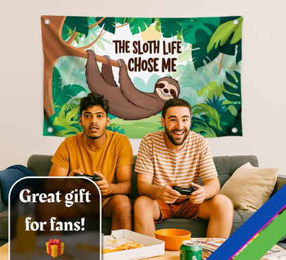 3x5 Feet Funny Animals Flag "The Sloth Life Chose Me" with 4 Brass Grommets - Banner Depicting a Sloth Hanging From a Tree in The Jungle