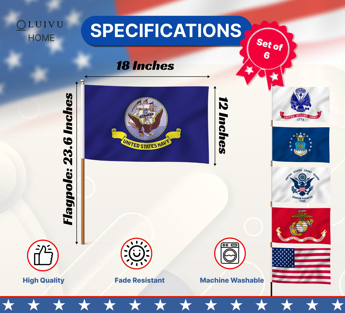 Set of 6 Military Branch Armed Forces Service Miniature Flag - 10X15 CM American Flag Banners for Desk Set - Polyester Small Mini Military Stick Flags