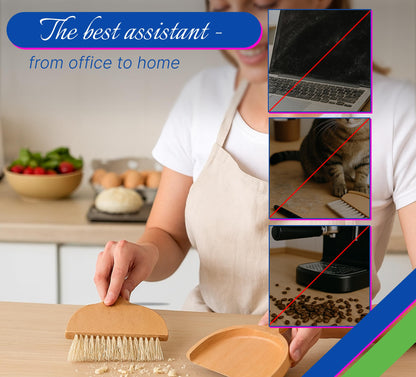 Desktop Table Dustpan and Brush Set for Home - Portable Cleaning Combo with Real Wood - Compact Brush for Sweeping