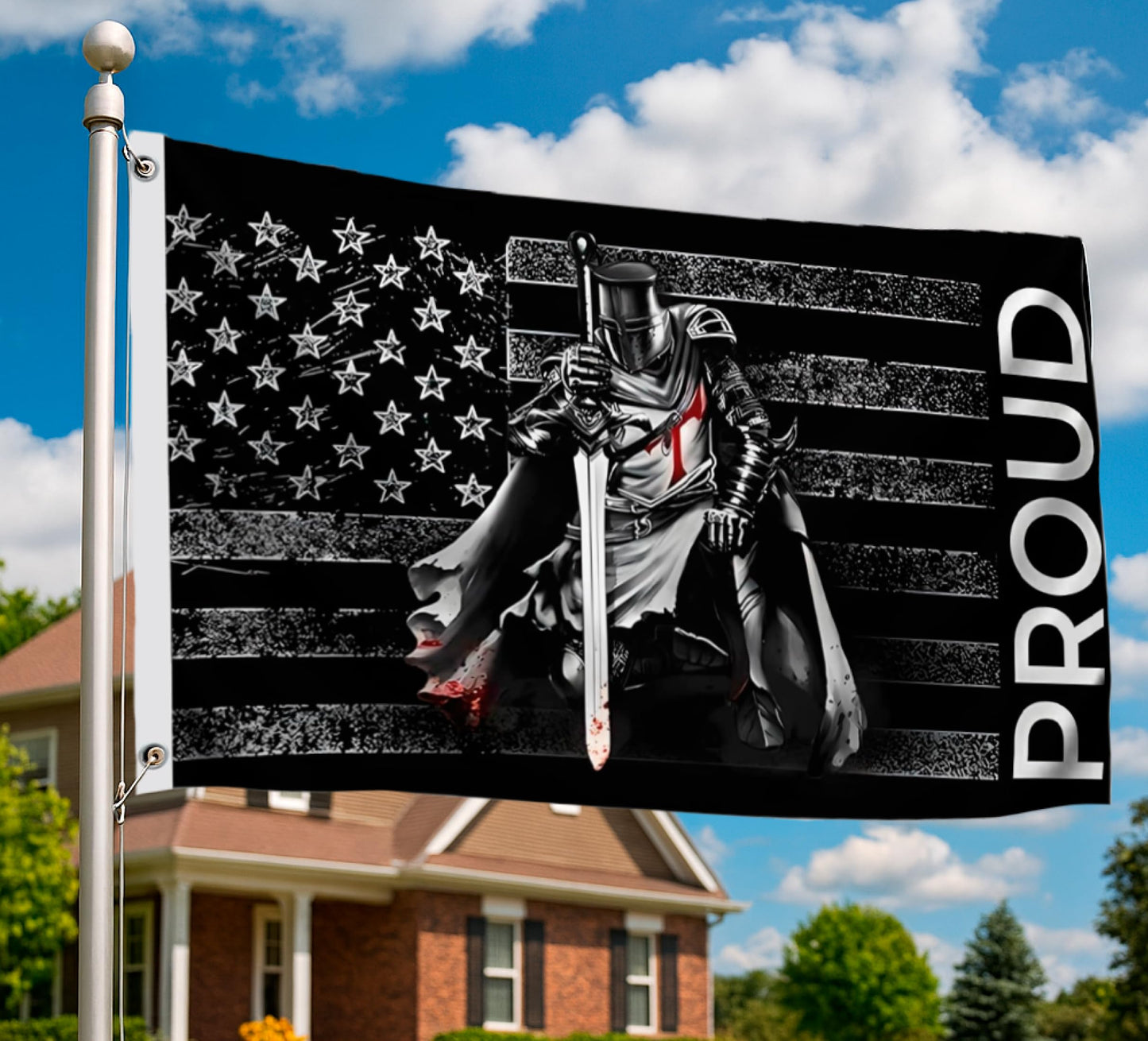 3x5 Ft American Flag With Templar Knights Polyester Flag with 2 Grommets - Proud Knight Decorations USA House or Home Wall Single Sided Flags