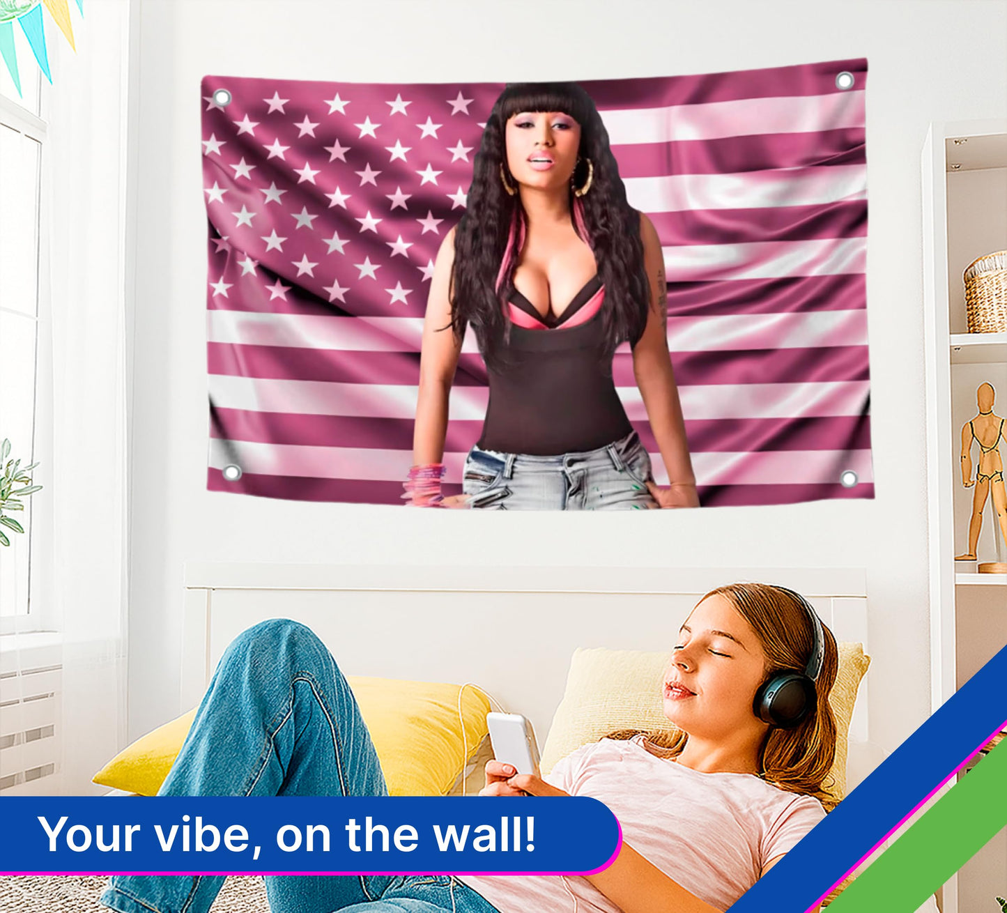 3x5 Ft Pink Niki American Flag - Barb USA Salute Single Sided Poster for Bedroom Living Room - Banner with 4 Brass Gromments